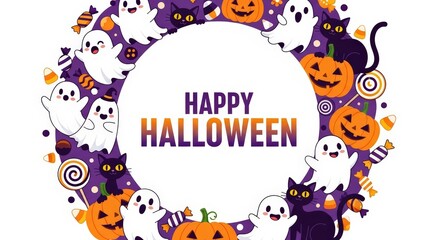 Naklejka premium Happy Halloween Spooky Ghosts Black Cats Pumpkins Candies Festive Greeting