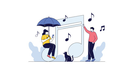 Enjoying music under an umbrella with a cat and musical notes floating around