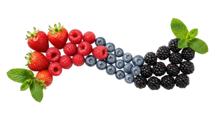 Vibrant fresh berry gradient on a sleek white porcelain platter with fresh mint, transparent studio background. Concept of healthy food promotion