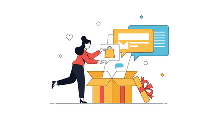 Unboxing surprise gifts with exciting promotional offers and customer feedback messages through digital communication channels