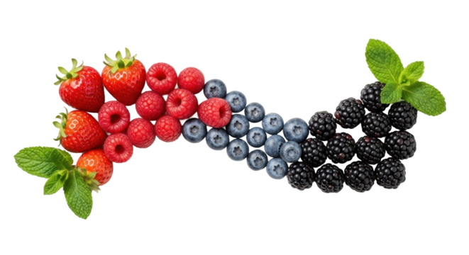 Vibrant fresh berry gradient on a sleek white porcelain platter with fresh mint, transparent studio background. Concept of healthy food promotion