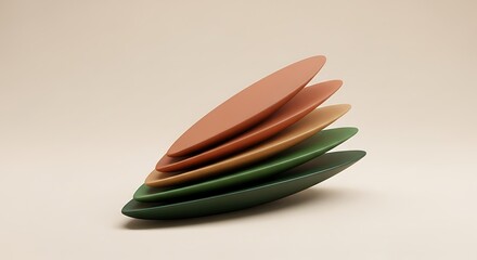 Stacked, Angled, Colorful Oval Plates Against a Neutral Background