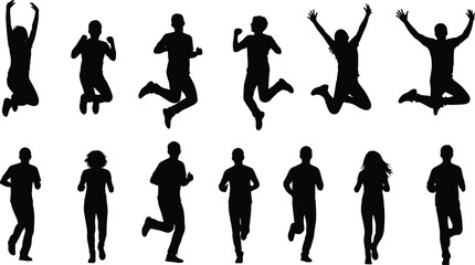 Silhouette people jumping, running poses, black figures, fitness motion, active lifestyle, expressive movement, sports energy, dynamic human shapes, white background