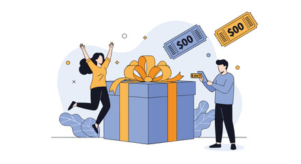 Excited couple celebrating receiving a large gift box with discount coupons flying around them representing a special promotion or reward