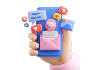 Hand holding a smartphone with social media and email icons