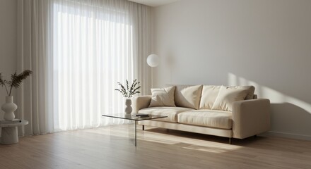 A bright, minimalist living room with a beige sofa, glass table, and sheer curtains.