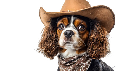 Cavalier King Charles Spaniel dog head wearing cowboy hat and bandana isolated on transparent background