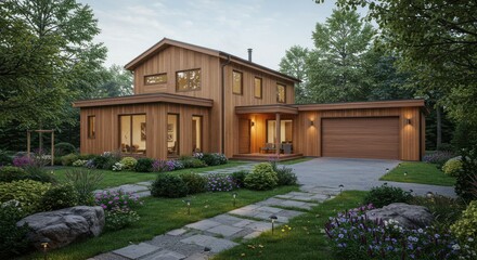 Modern wooden house with a spacious front yard and landscaping, evening light.