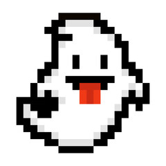 Cute pixel ghost emoji isolated on white background. Great for Halloween themed games, funny retro designs or spooky decor.