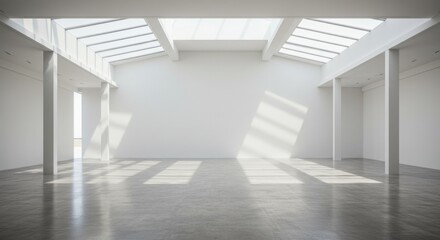 Fototapeta premium Sunlit minimalist interior space with high ceilings, skylights, and polished concrete floor.
