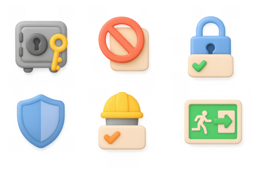 Secure icon set featuring safe, shield, and exit symbols in 3d style