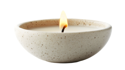Close-up of a single lit candle with a soft yellow flame isolated on transparent background