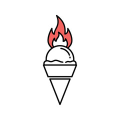 Melting ice cream cone with flickering flames on top illustrating extreme heat and deliciously cold treat