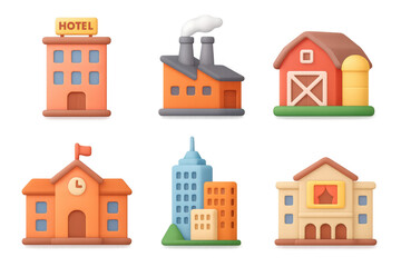 Fototapeta premium Colorful 3d buildings collection featuring hotel, factory, barn, school, skyscraper, and museum