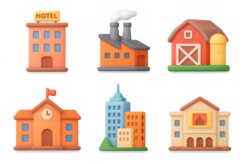 Colorful 3d buildings collection featuring hotel, factory, barn, school, skyscraper, and museum