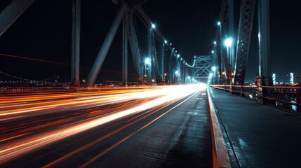 Night bridge roadway light trails