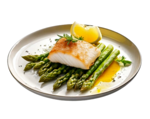 Steamed Cod Fillet with Asparagus and Lemon Slice, isolated on white background PNG
