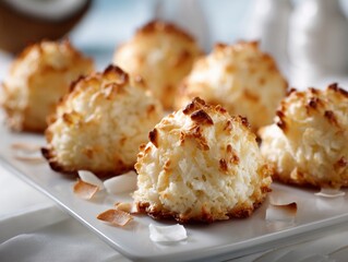 Delicious coconut macaroons arranged neatly on a white plate with a light background