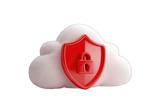 3D cloud icon, white fluffy cloud, red shield with lock, security