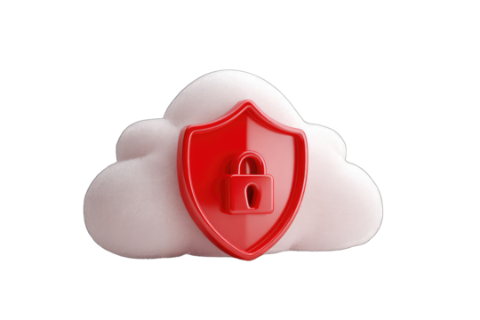 3D cloud icon, white fluffy cloud, red shield with lock, security