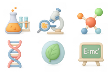 3d icons of scientific tools and concepts: microscope, dna, and more