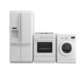 White kitchen appliances refrigerator, stove, and washing machine