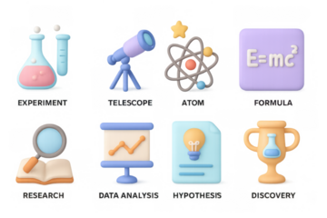 Science icons set: 3d cartoon style for education and innovation
