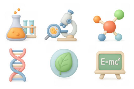 3d icons of scientific tools and concepts: microscope, dna, and more