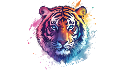 Colorful tiger head logo pastel cute colors isolated on transparent background