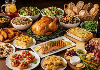 Abundant Holiday Dinner Spread with Turkey