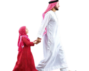Father and Daughter Walking Hand in Hand, Traditional Middle Eastern Clothing, isolated on transparent background