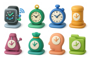 Colorful clay-like clocks and gadgets in playful 3d style