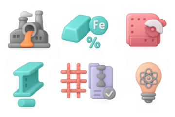 3d icons of metallurgy and innovation: factory, iron, light bulb, gear