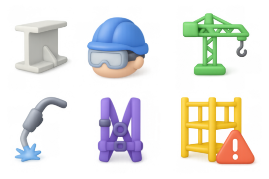 Cartoon construction icons set: helmet, crane, barrier, and more