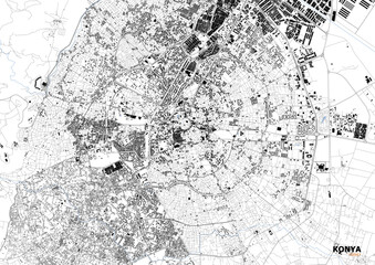 Vector city map of Konya showing detailed highways, buildings, and waterways in zoomed urban layout style.
