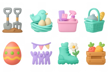 Bright spring 3d icons: gardening, easter eggs, and celebration