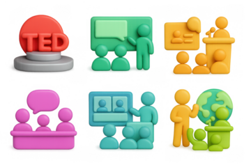 Colorful 3d figures engaging in presentation and discussion activities