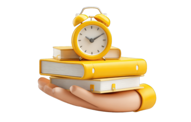 Cartoon hand holds books and alarm clock