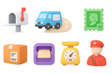 3d postal services icons: mailbox, delivery truck, postage stamp, parcel, and more
