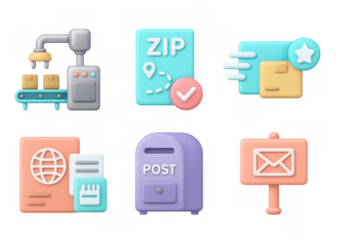 3d icons set: postal and delivery theme with soft pastel colors