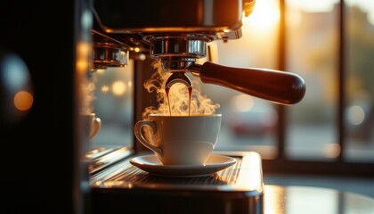 coffee machine morning routine cup filled smoothly with gentle flow under warm light, photo realistic style, high resolution, clear composition