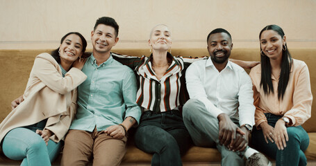 Creative, team portrait and hug at media agency for workplace community, about us pride and happy. Journalist group, people and smile with embrace for solidarity, career support and company culture