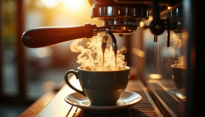 coffee machine morning routine steam pouring from wand with soft morning glow, photo realistic style, high resolution, clear composition