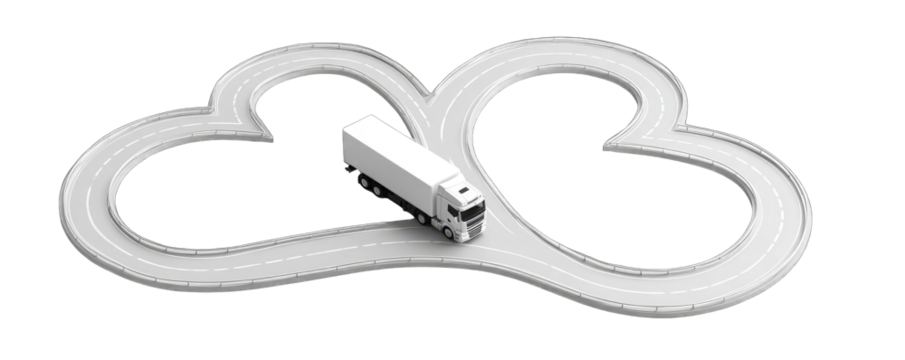 Abstract design of intertwined heart-shaped roads with a white truck
