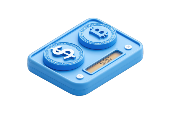 Light-blue digital device with bitcoin and dollar symbols