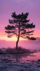 Fototapeta premium Solitary pine tree at dawn, misty lake