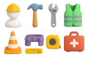 3d construction tools set with safety gear and measurement equipment
