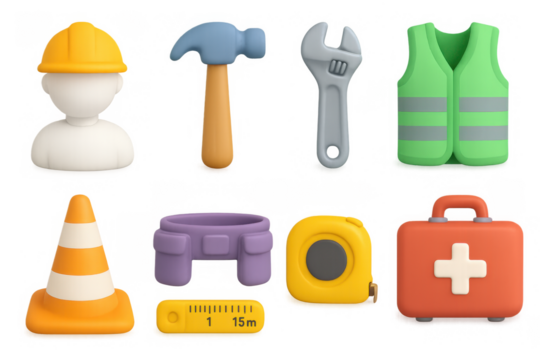 3d construction tools set with safety gear and measurement equipment - Powered by Adobe