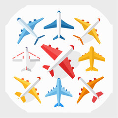 Fototapeta premium Airplane icon set with passenger jet, cargo plane, and paper plane. Perfect for travel, aviation, and transportation projects in flat vector style