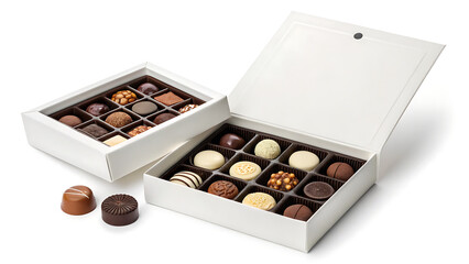 An open box of assorted chocolates presents a luxurious and tempting selection of gourmet pralines